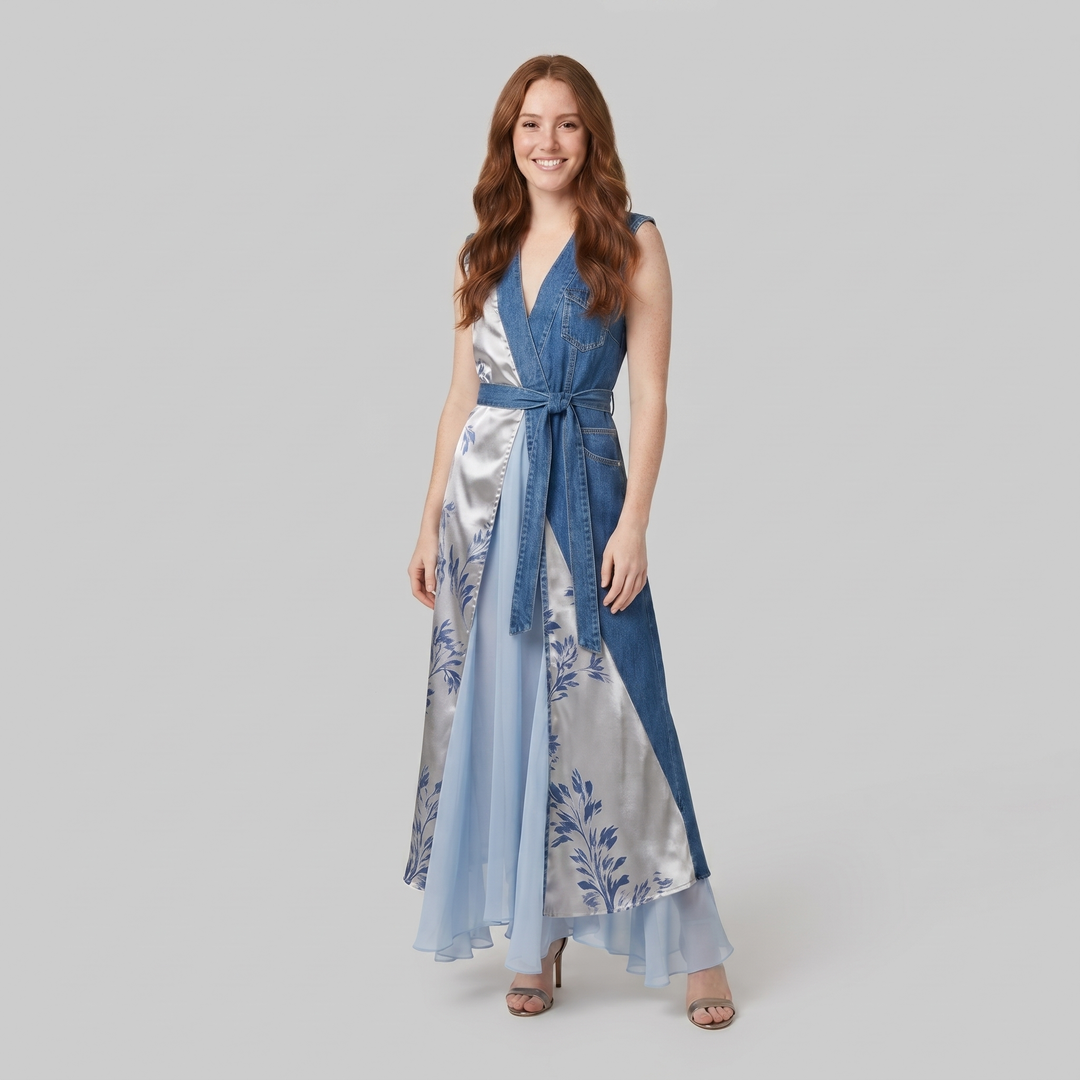 Bella denim patchwork maxi dress on model