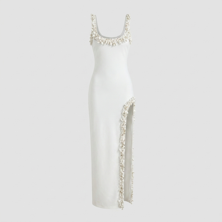 Bella white hand-beaded maxi dress product flat-lay