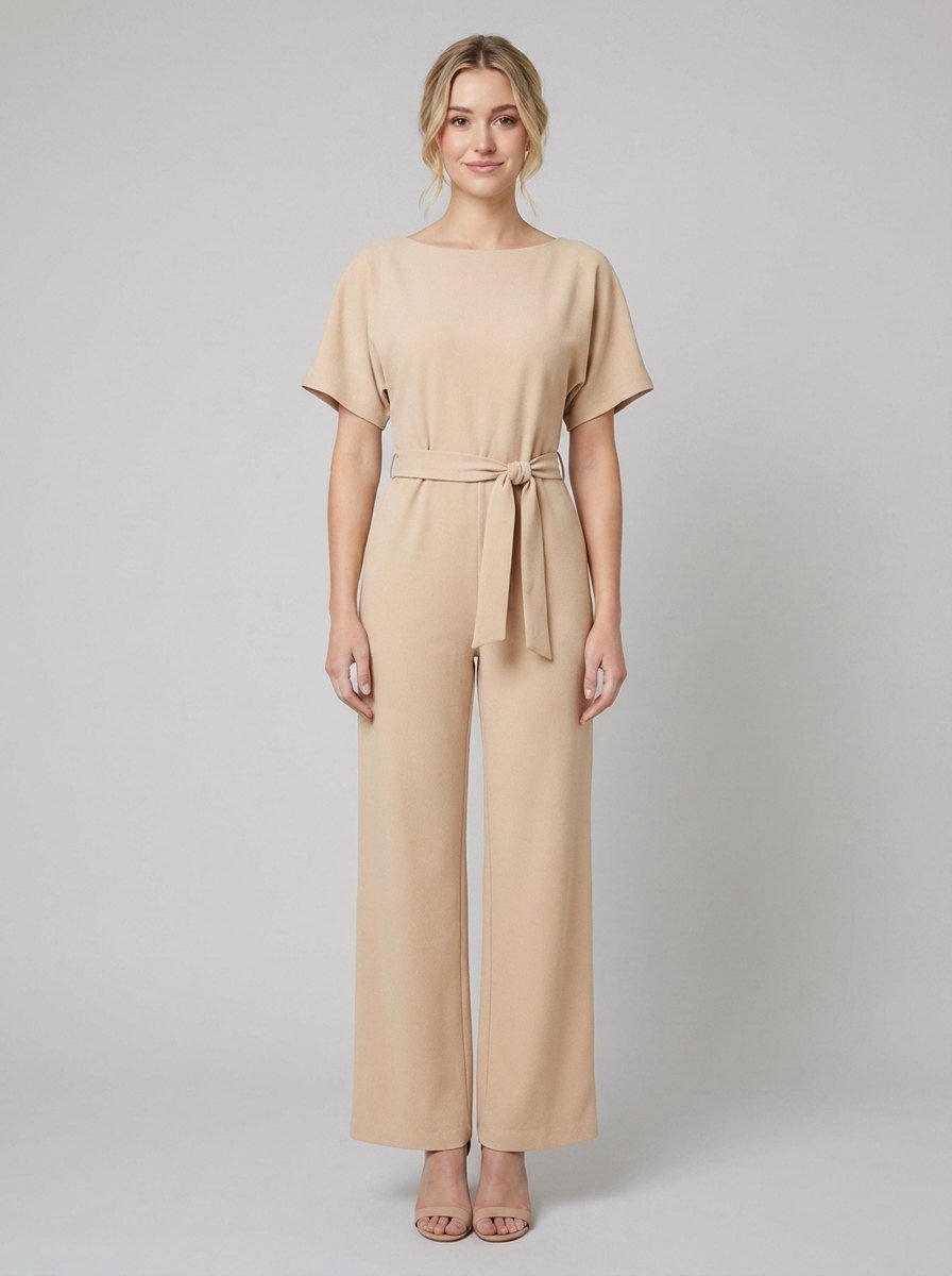 Apricot wide-leg jumpsuit with self-tie belt on model, front view