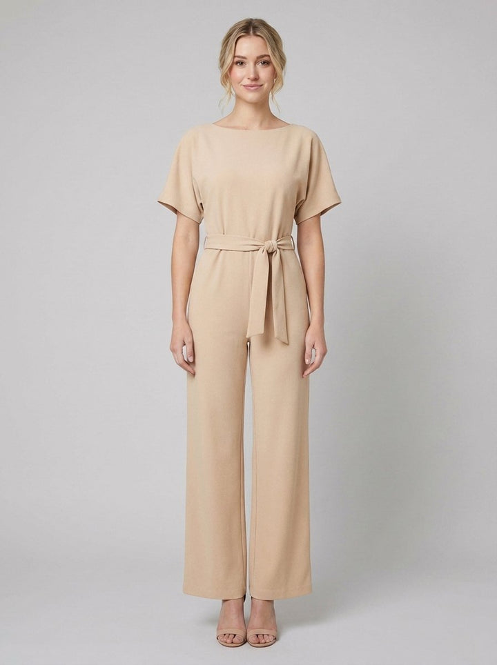 Apricot wide-leg jumpsuit with self-tie belt on model, front view