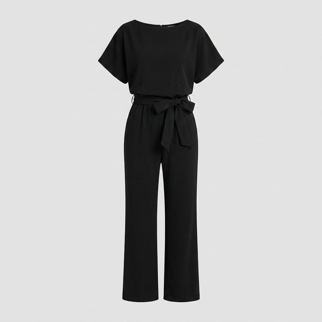 Wide-leg jumpsuit with self-tie belt, flat lay