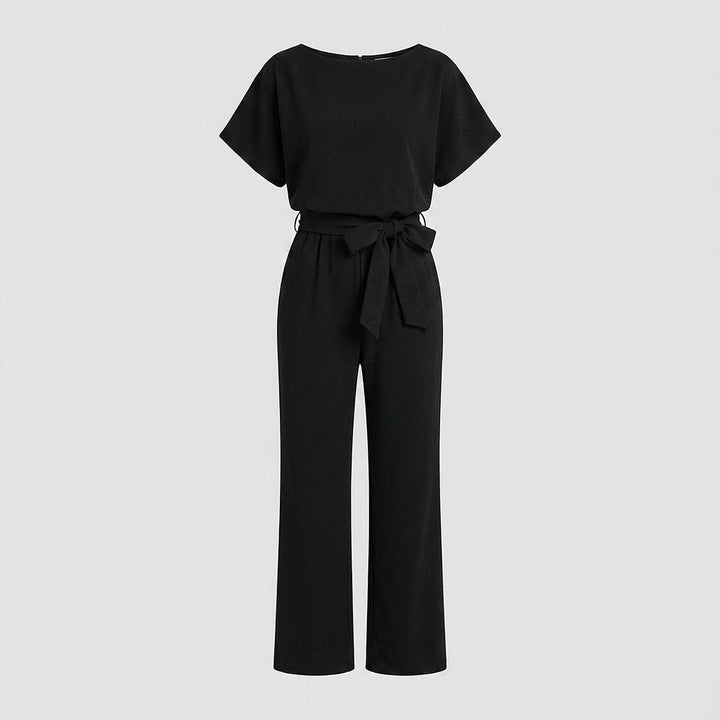 Wide-leg jumpsuit with self-tie belt, flat lay