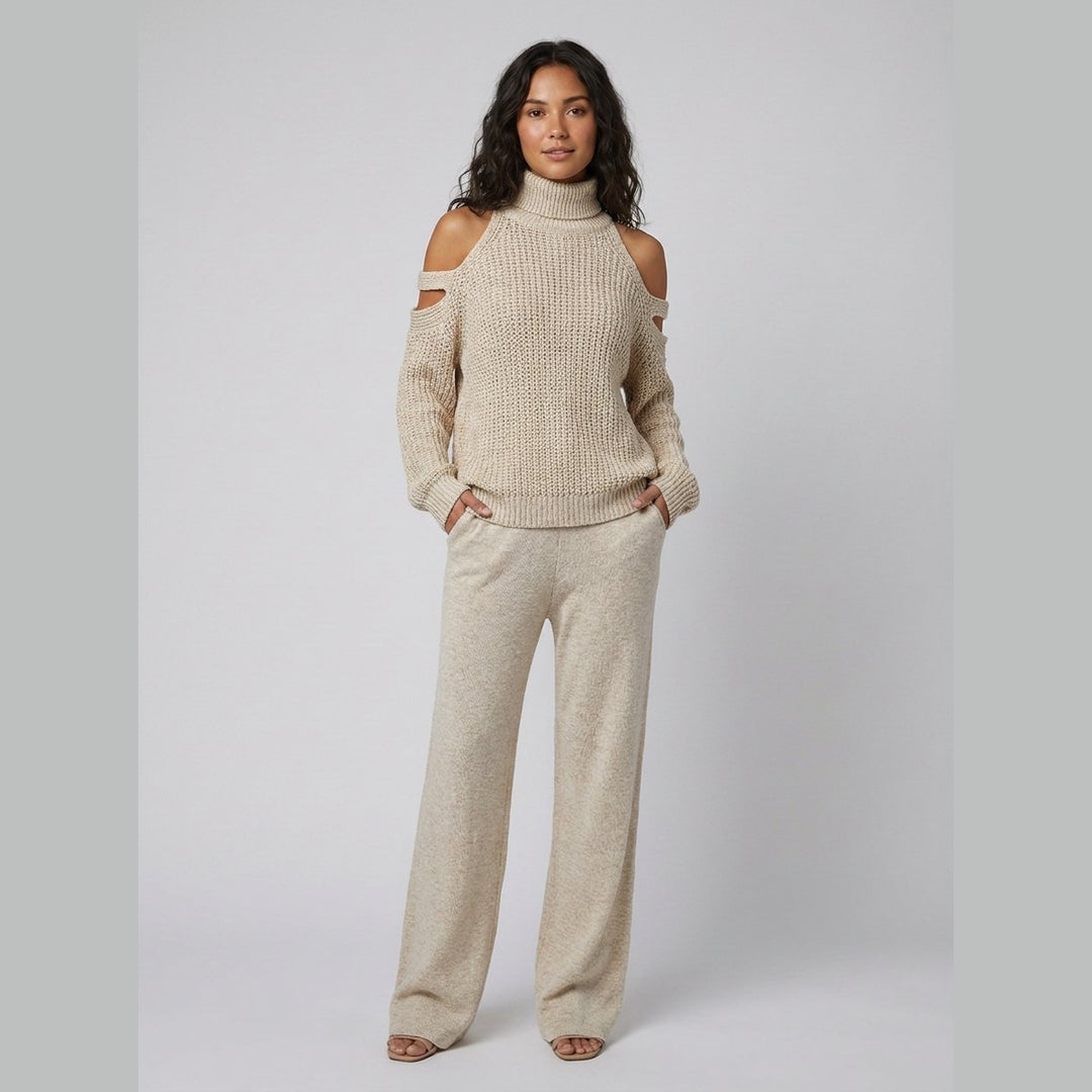 Bella knit set cold-shoulder turtleneck wide-leg pants - beige
