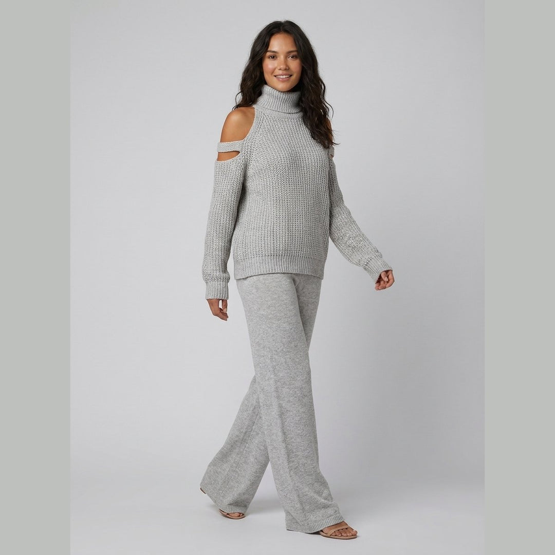 Bella knit set cold-shoulder turtleneck wide-leg pants - gray