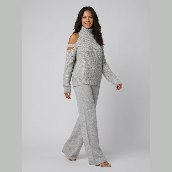 Bella knit set cold-shoulder turtleneck wide-leg pants - gray