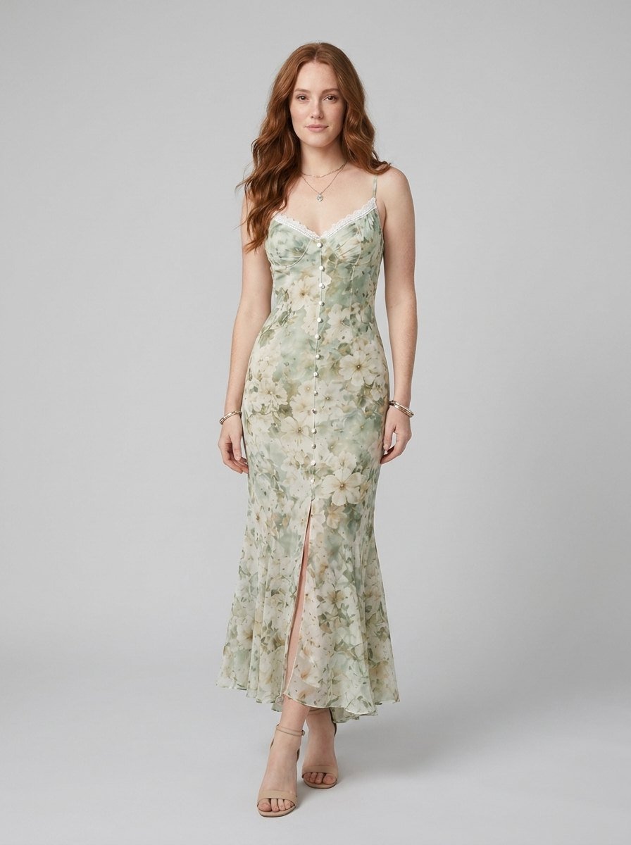 Bella maxi floral chiffon dress misty green - model front