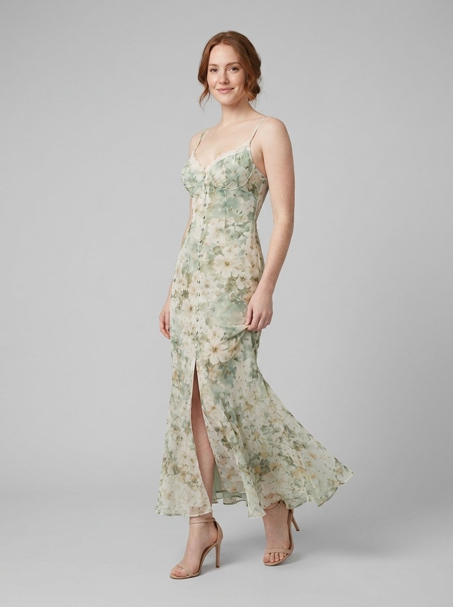 Bella maxi floral chiffon dress misty green - model side