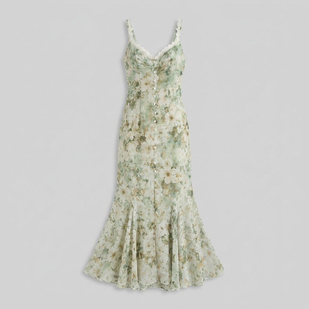 Bella maxi floral chiffon dress misty green - product flat lay