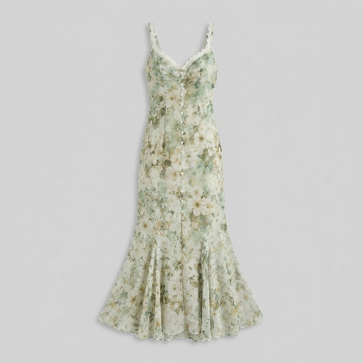 Bella maxi floral chiffon dress misty green - product flat lay