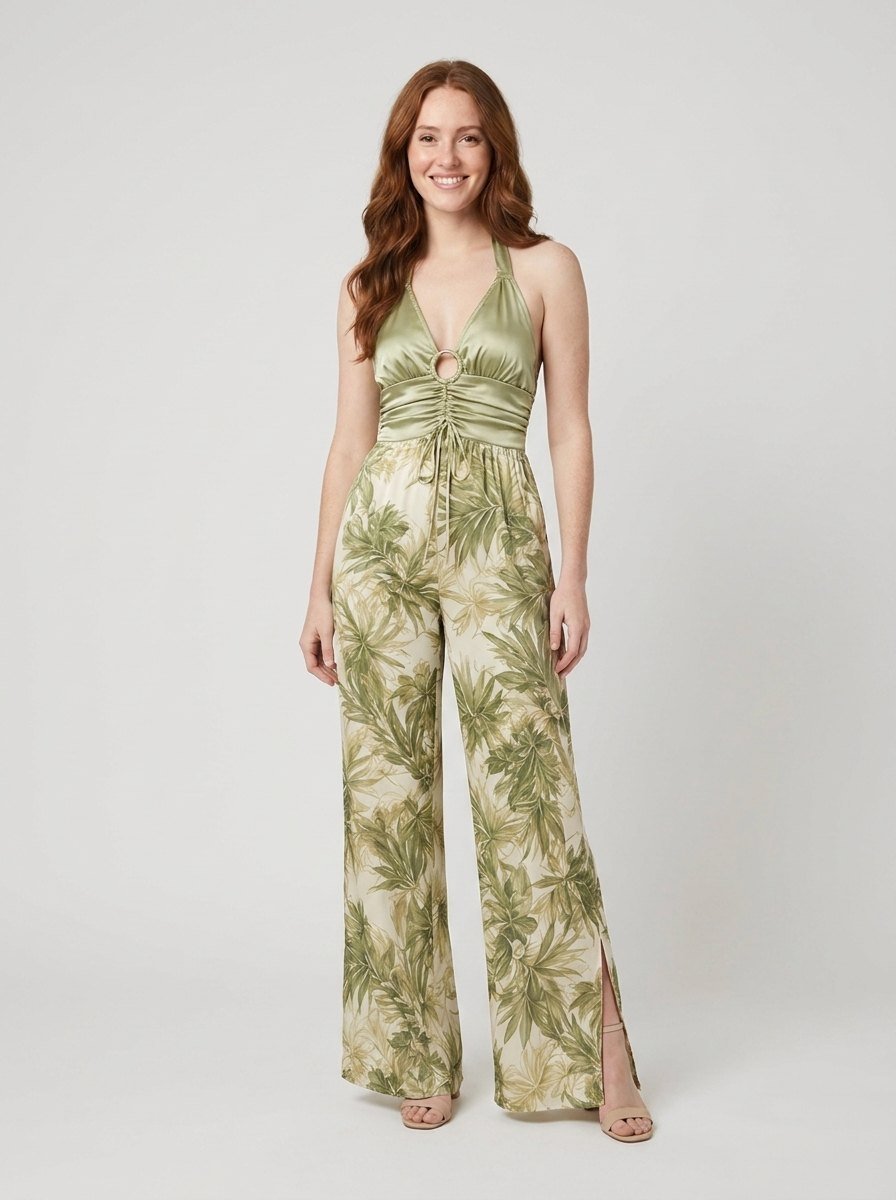 Bella satin halter jumpsuit green - model front