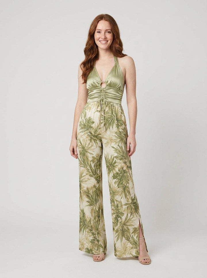 Bella satin halter jumpsuit green - model front