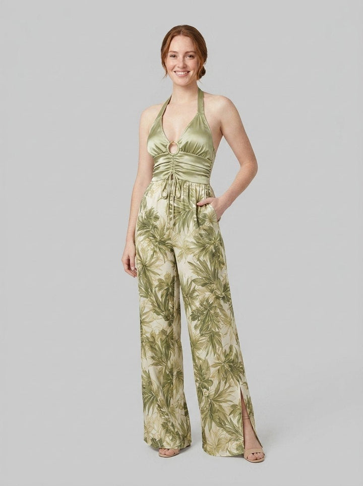 Bella satin halter jumpsuit green - model side