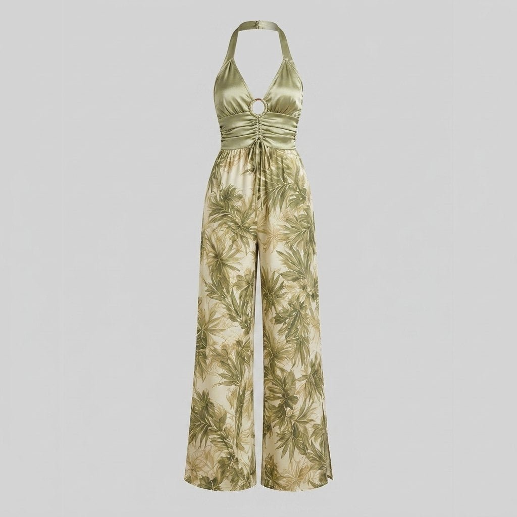 Bella satin halter jumpsuit green - product flat lay