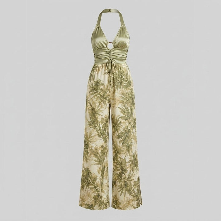 Bella satin halter jumpsuit green - product flat lay