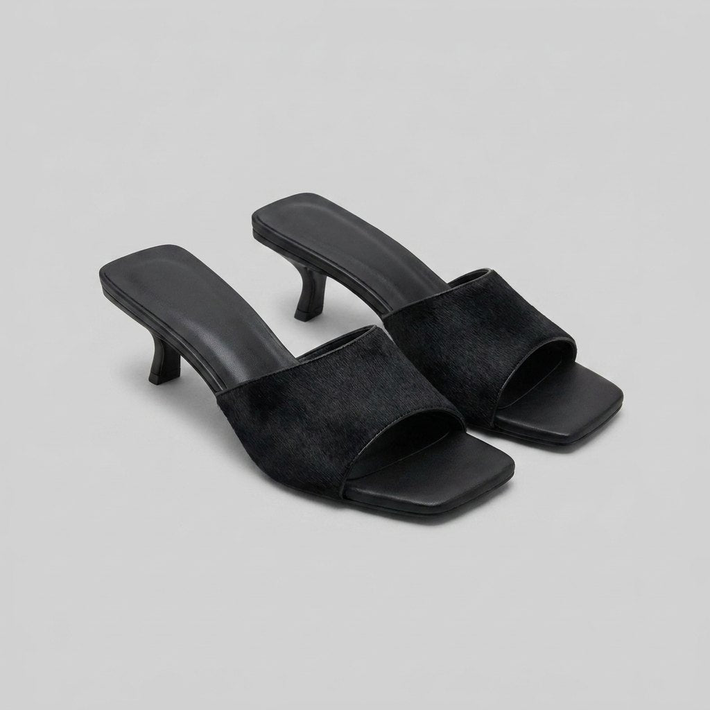 Bella black calf hair stiletto mule sandals