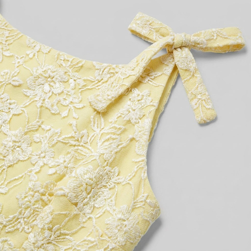 Close-up of the yellow textured fabric and bow detail