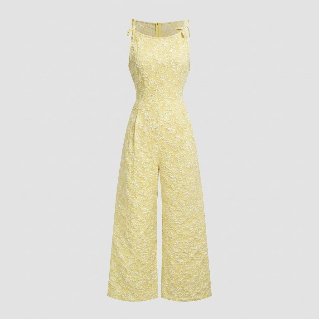 Yellow sleeveless jumpsuit laid flat, full garment