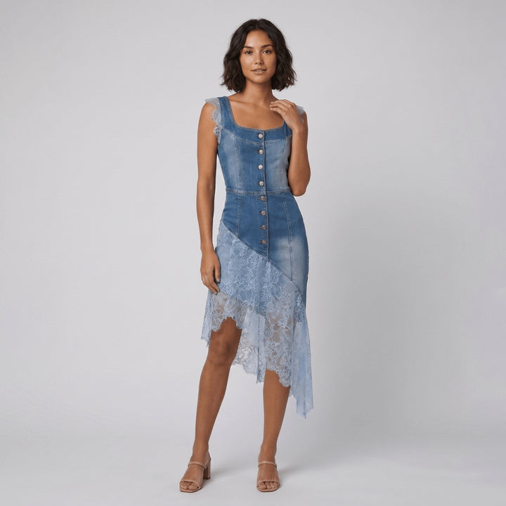 Blandine lace-trimmed denim midi dress blue front on model
