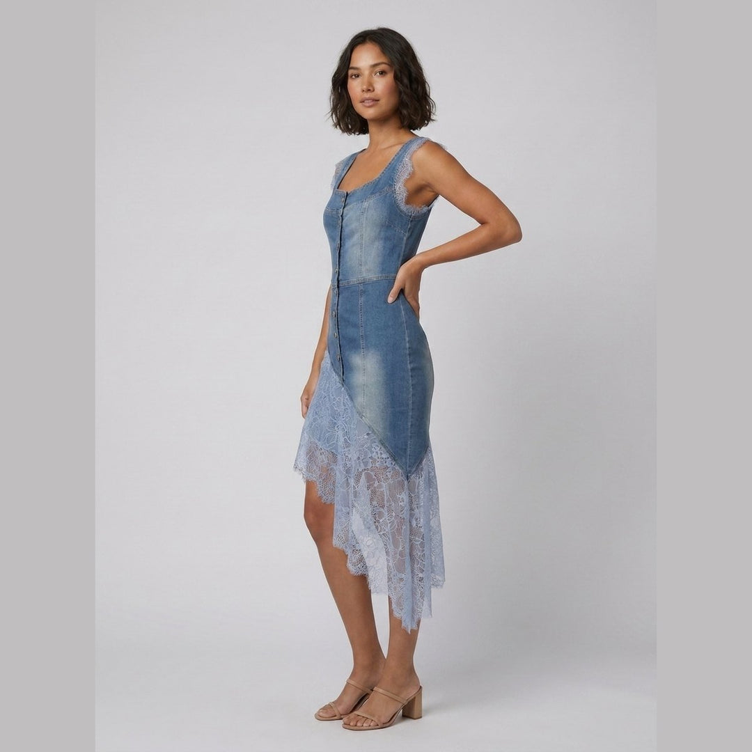 Blandine lace-trimmed denim midi dress side on model
