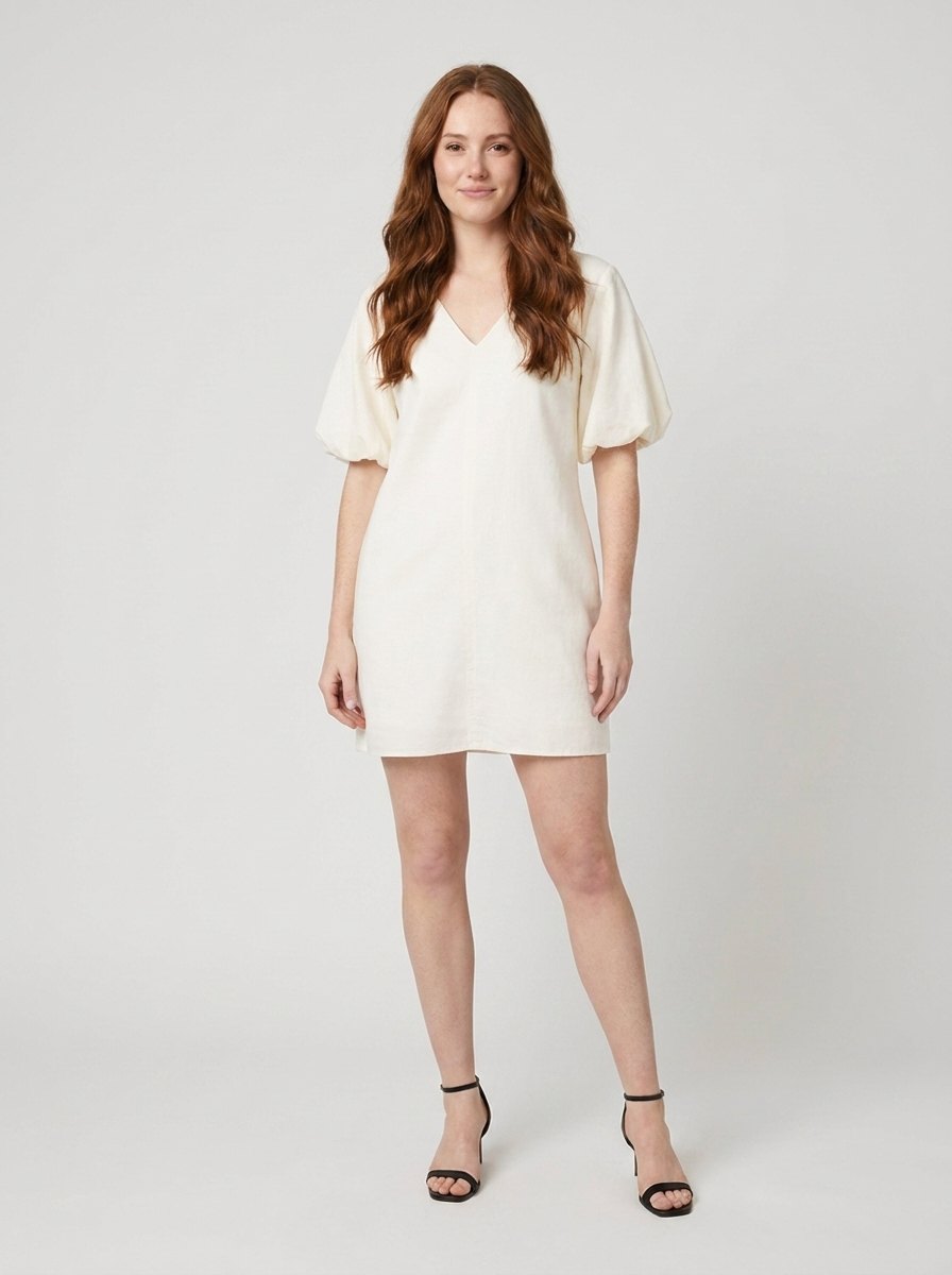 Blythe cream V-neck bubble-sleeve mini dress front