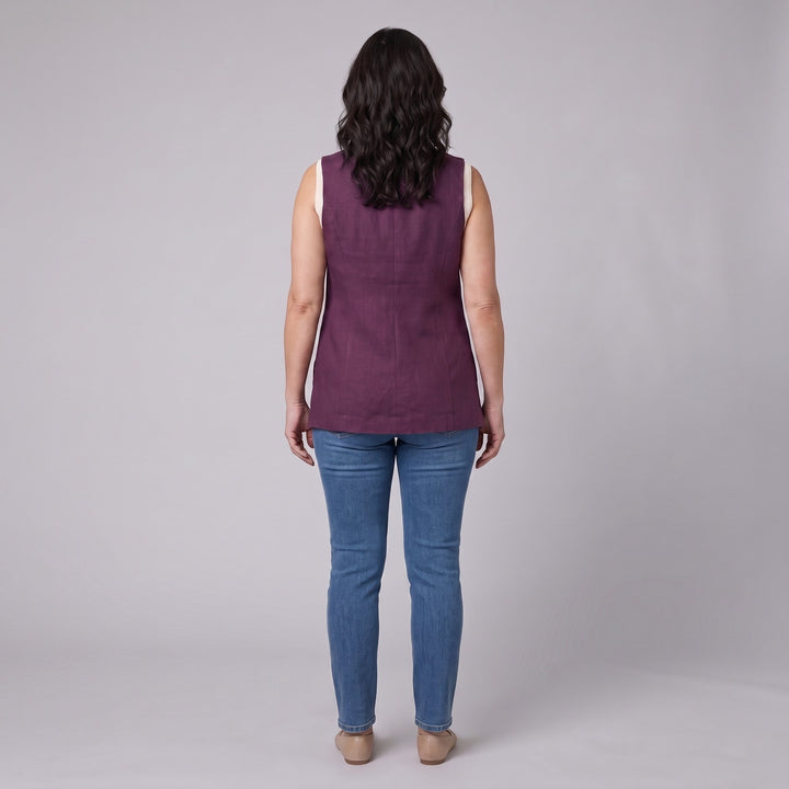 Blythe aubergine vest, back view on model
