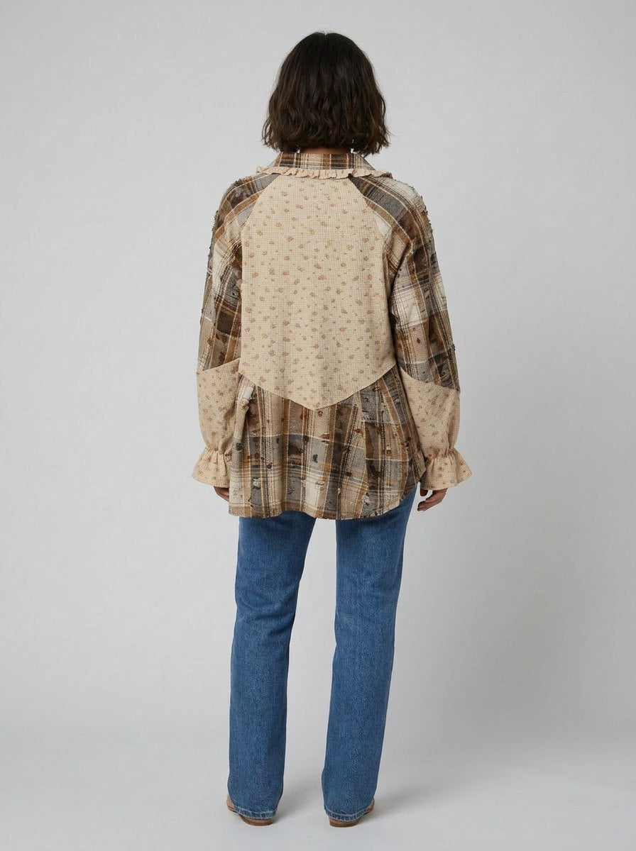 Boho oatmeal patchwork waffle shacket back view