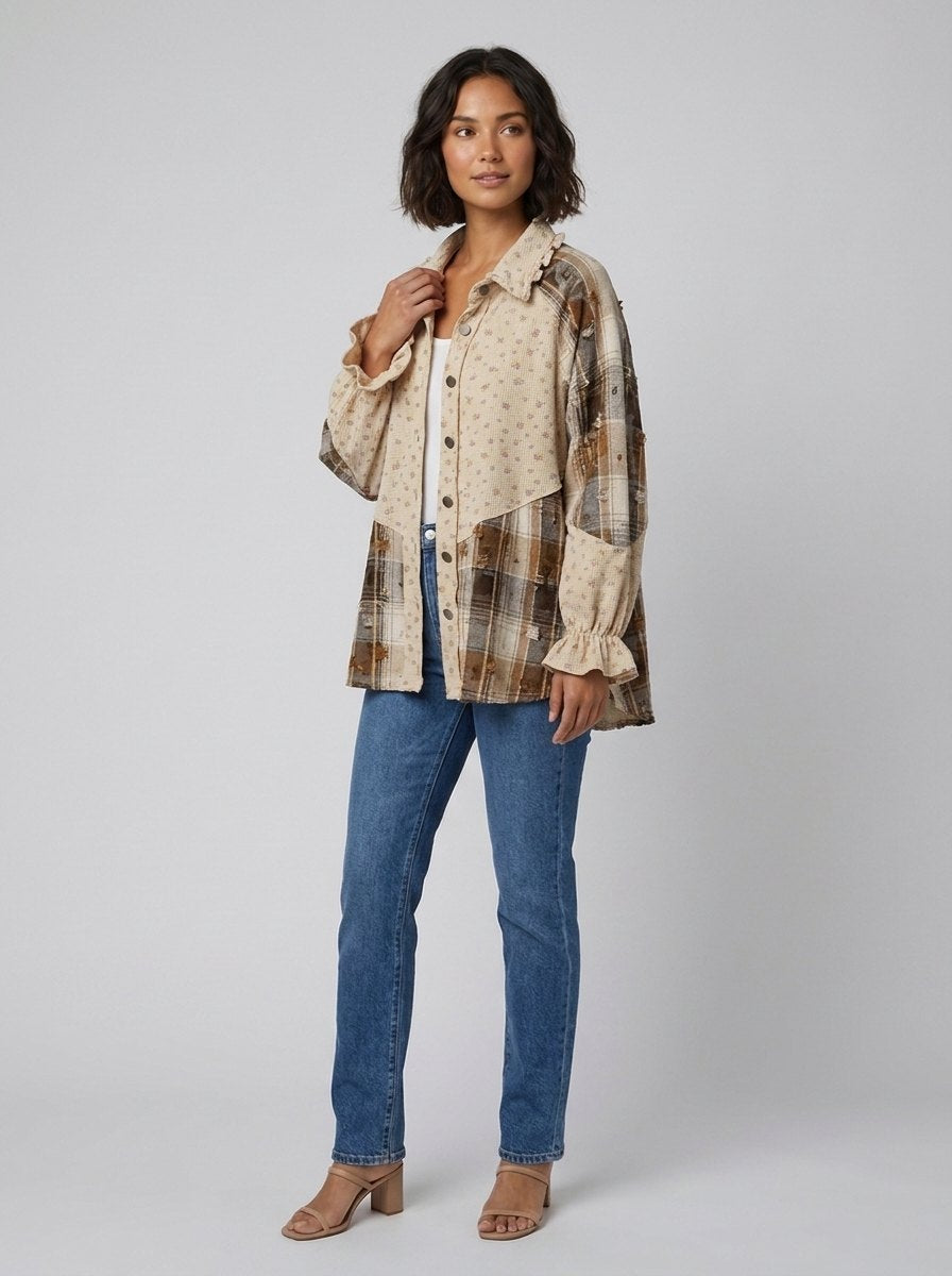 Boho oatmeal patchwork waffle shacket side pose