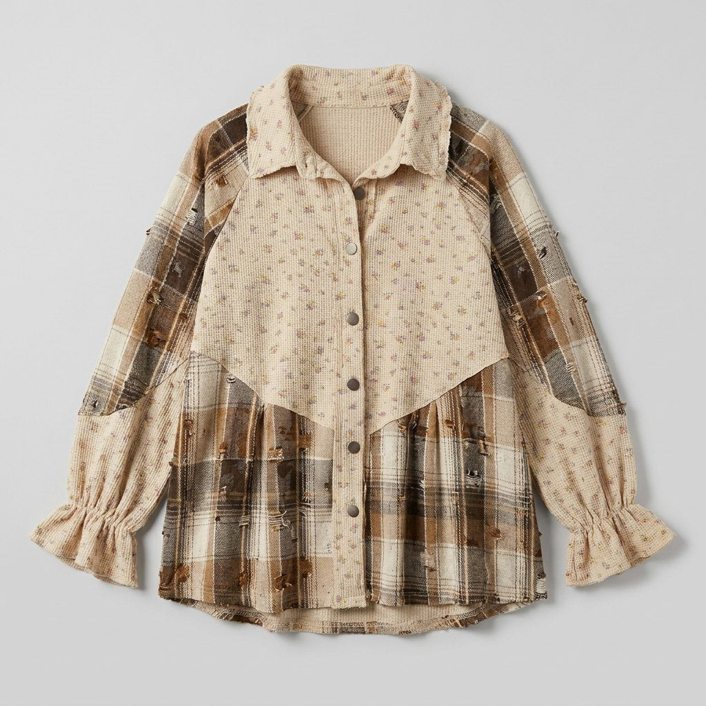 Boho oatmeal patchwork waffle shacket product flat lay