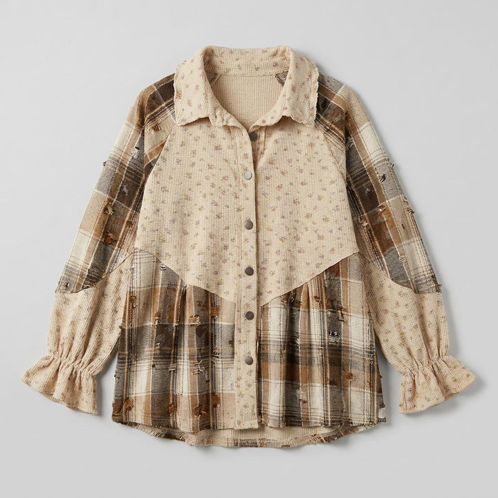 Boho oatmeal patchwork waffle shacket product flat lay