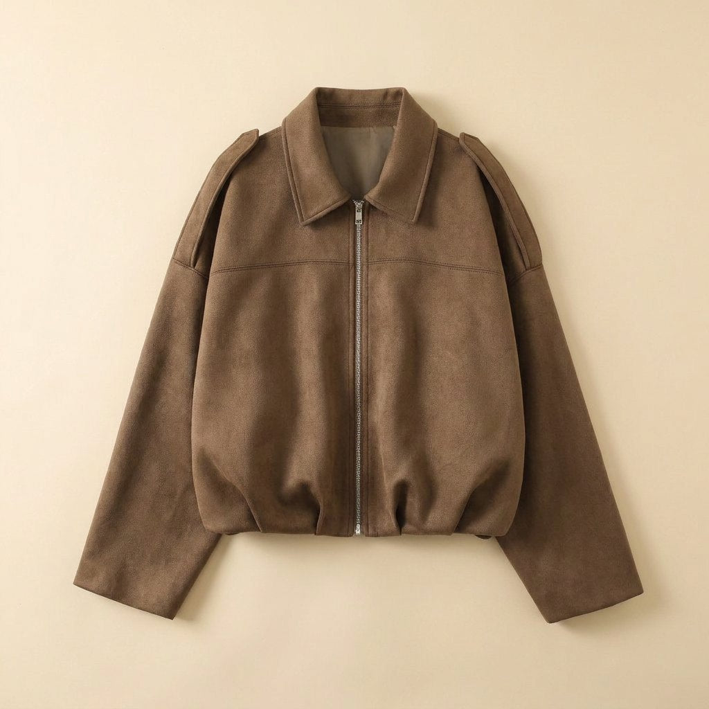 Bomber suede-look jacket product flat-lay - The Store Vancouver