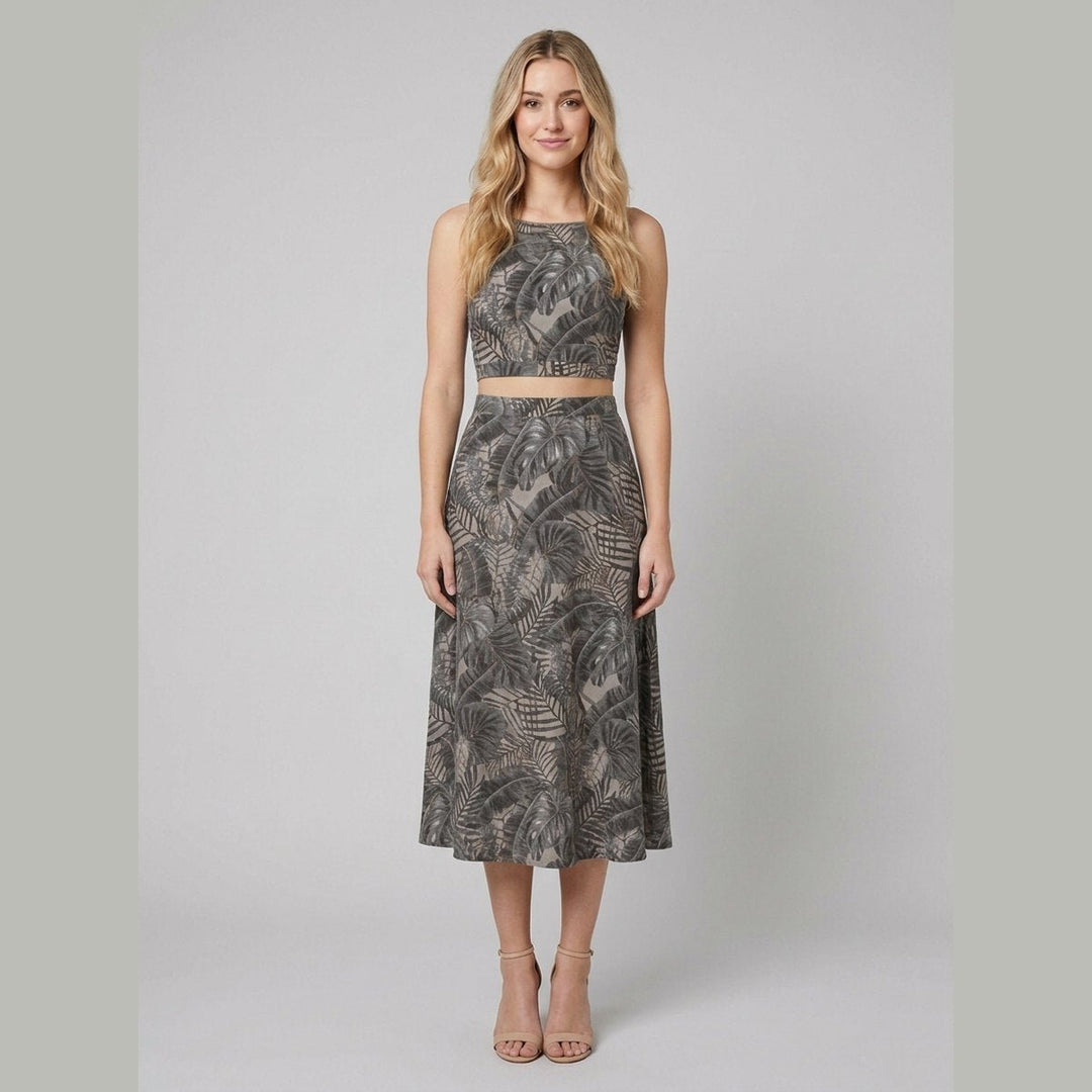 Bora floral two-piece set gray - crop top and midi skirt