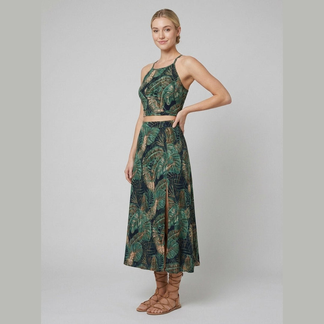 Bora floral two-piece set green - crop top and midi skirt