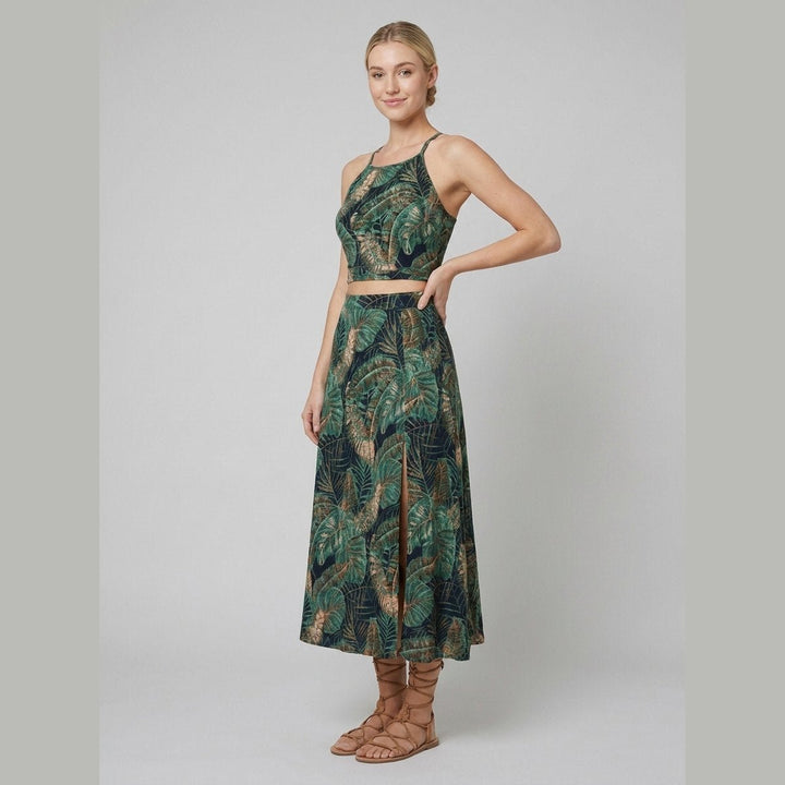 Bora floral two-piece set green - crop top and midi skirt