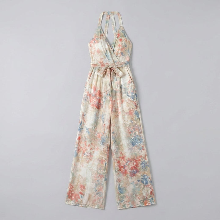 Bora satin halter floral jumpsuit - product