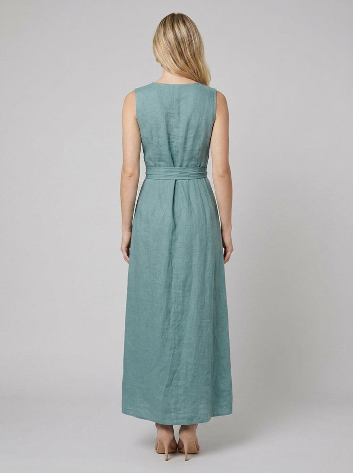 Bora teal linen maxi dress back view
