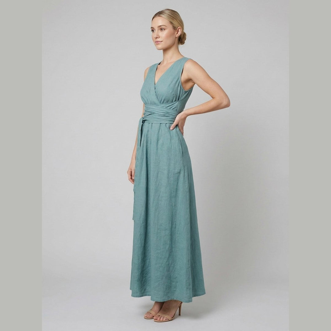 Bora teal linen wrap maxi dress - side