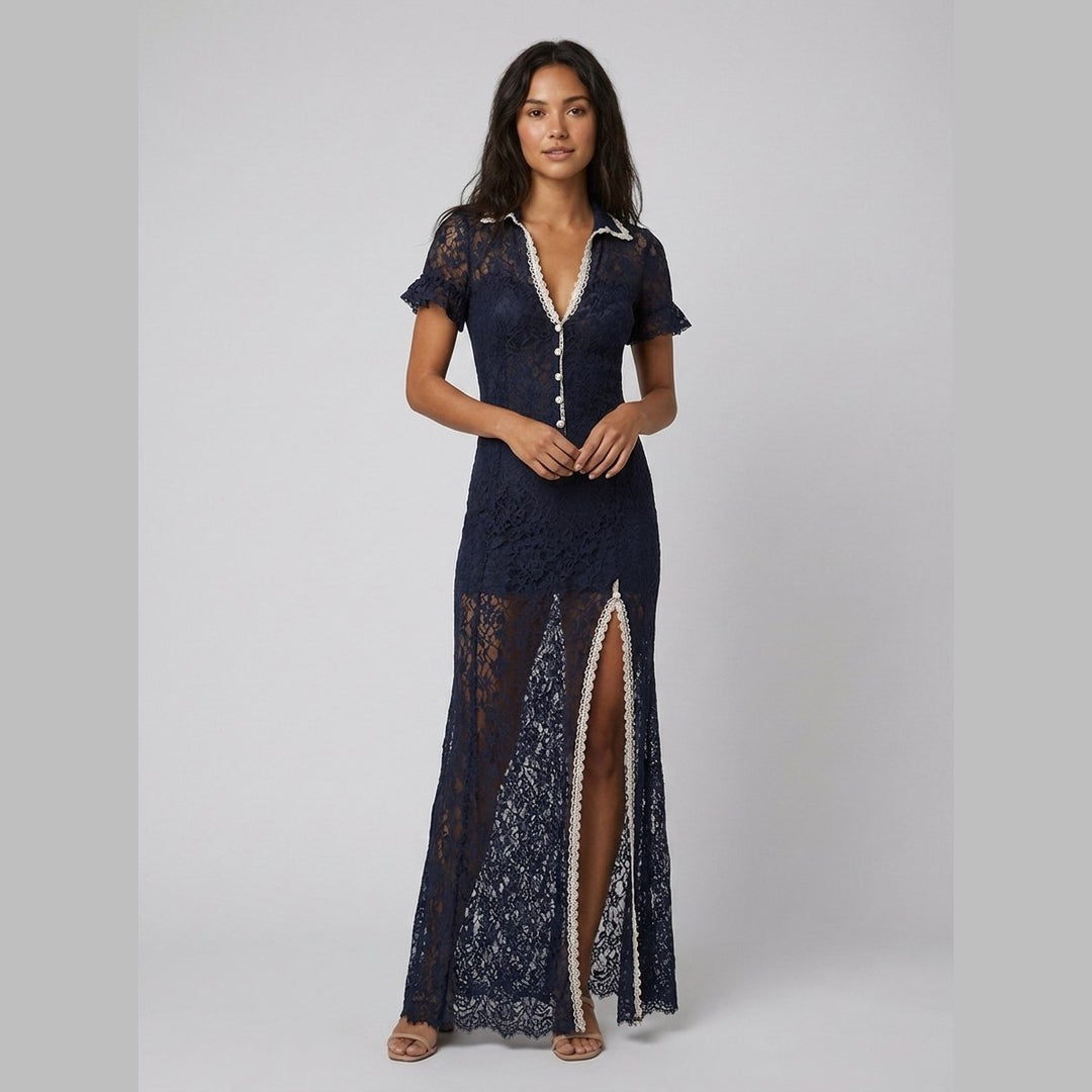 Bora navy boho floral lace midi dress - front