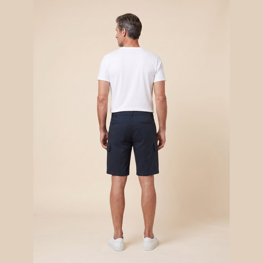 Navy cargo Bran Bermuda shorts, back view on model