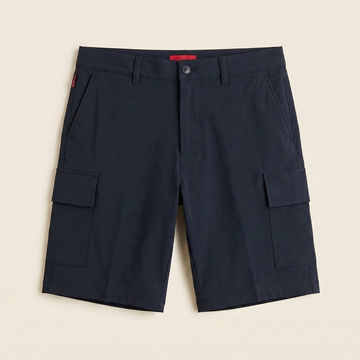 Navy stretch cargo Bran Bermuda shorts, product flat lay