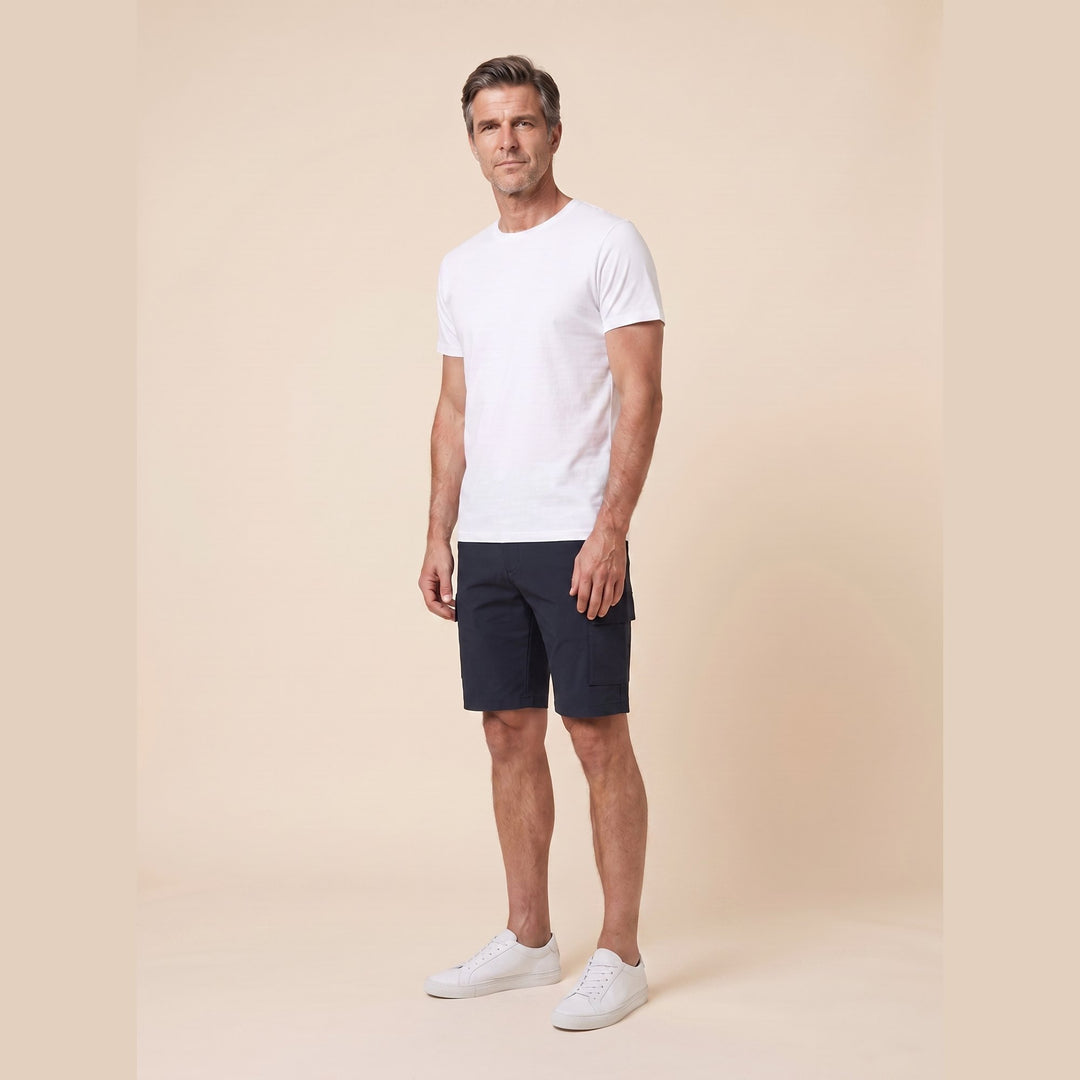 Navy cargo Bran Bermuda shorts, side view showing cargo pocket