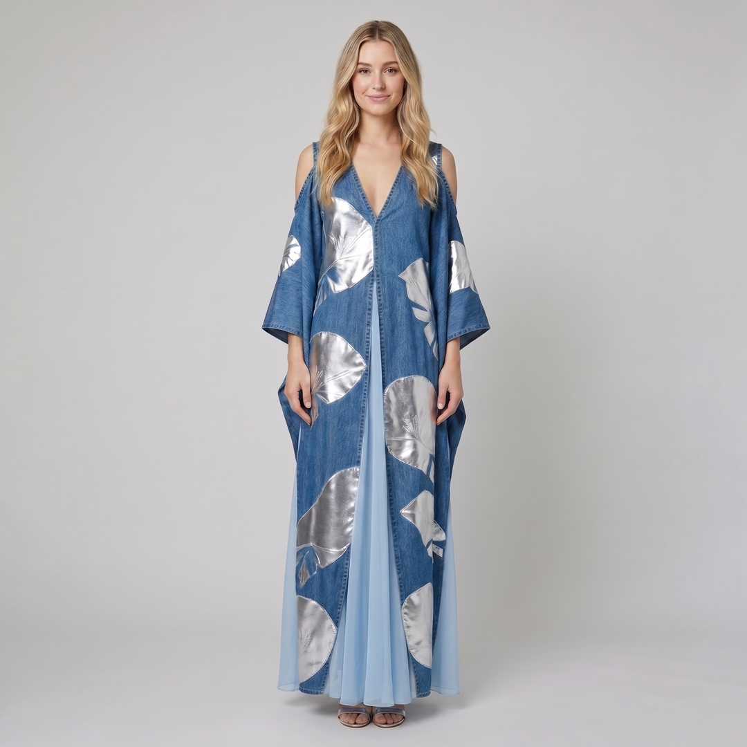 Breezy denim silver-leaf caftan maxi dress on model