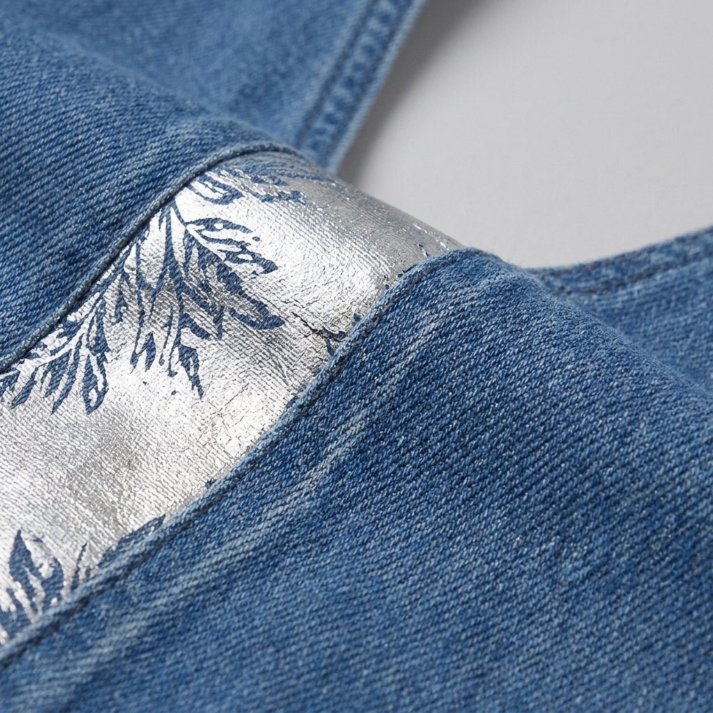 Breezy denim patchwork dress fabric close-up