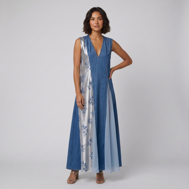 Breezy denim patchwork maxi dress on model