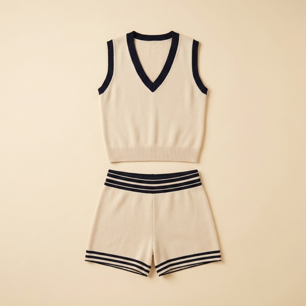 Breezy beige knit sports set flat lay