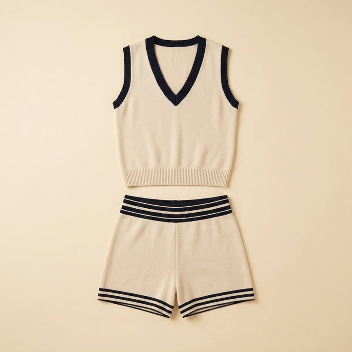 Breezy beige knit sports set flat lay
