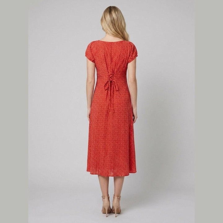Breezy red floral midi dress back tie