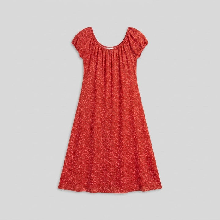 Breezy red floral midi dress flat lay