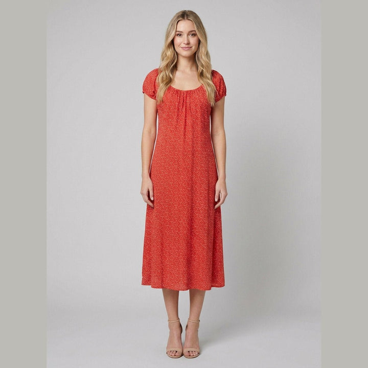 Breezy red floral A-line midi dress front