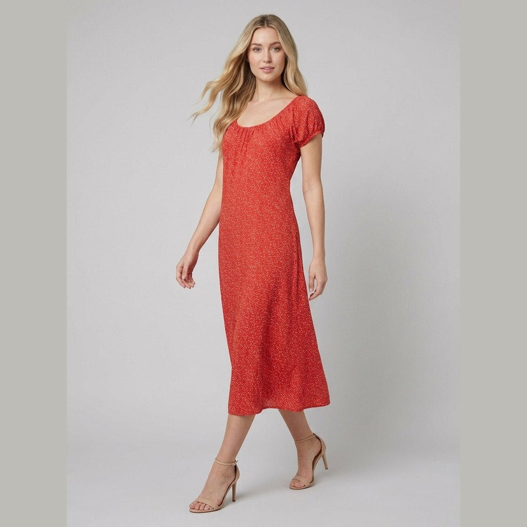 Breezy red floral midi dress styled pose