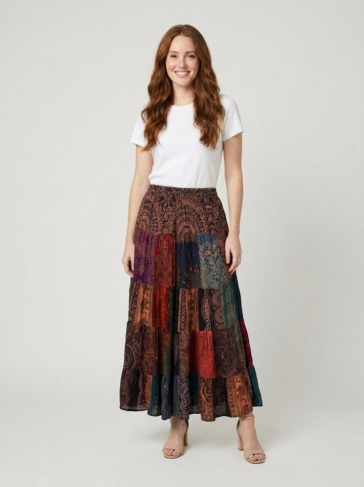 Brielle patchwork maxi skirt front pose 2